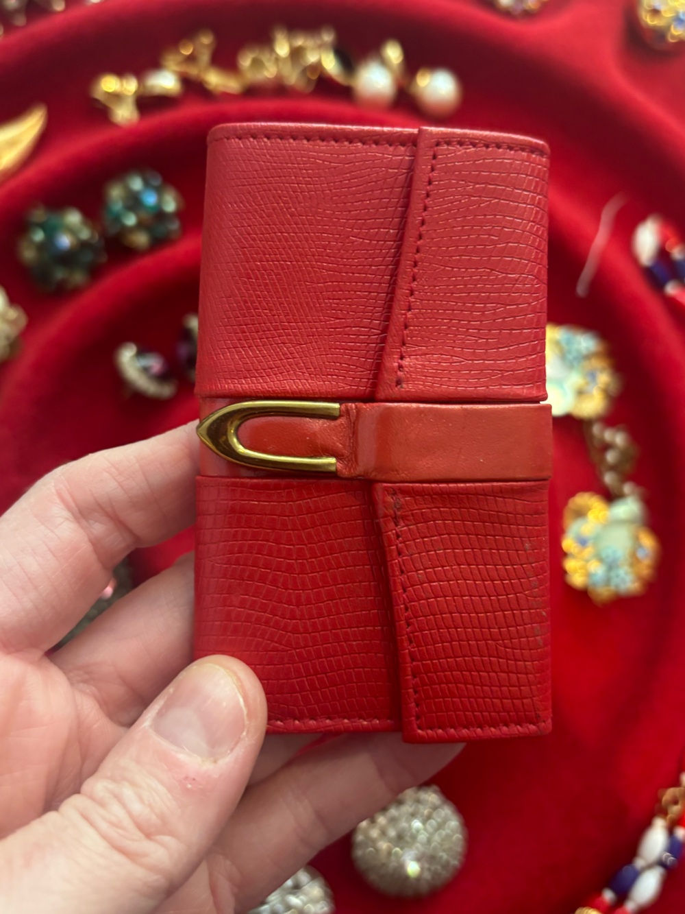 Vintage Red Leather Key & Card Holder with Gold Accent